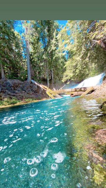 A turquoise river below a small waterfall in the forest